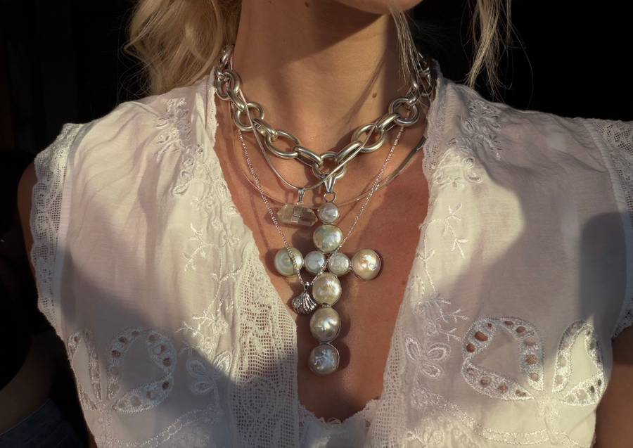 DZI Creations Jewelry Silver / 15 Inches / 9 Pearl Cordelia Pearl Cross Necklace