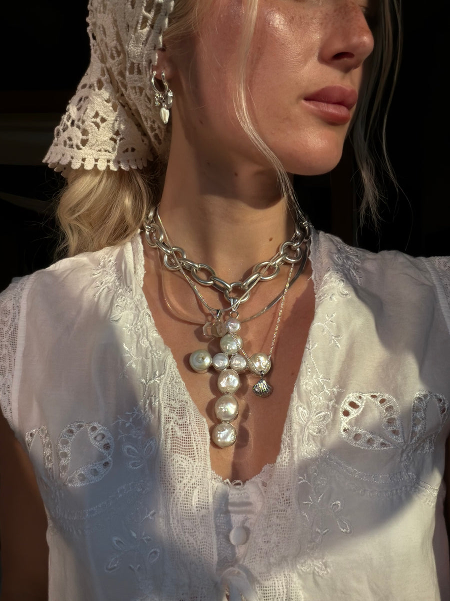 DZI Creations Jewelry Silver / 15 Inches / 9 Pearl Cordelia Pearl Cross Necklace