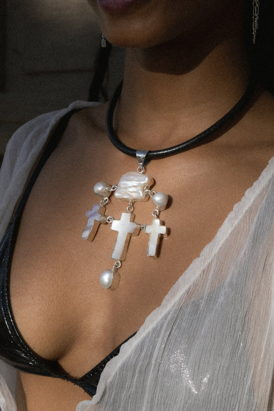 DZI Creations Jewelry Silver / 15 inches La Lune Pearl Cross Leather Collar