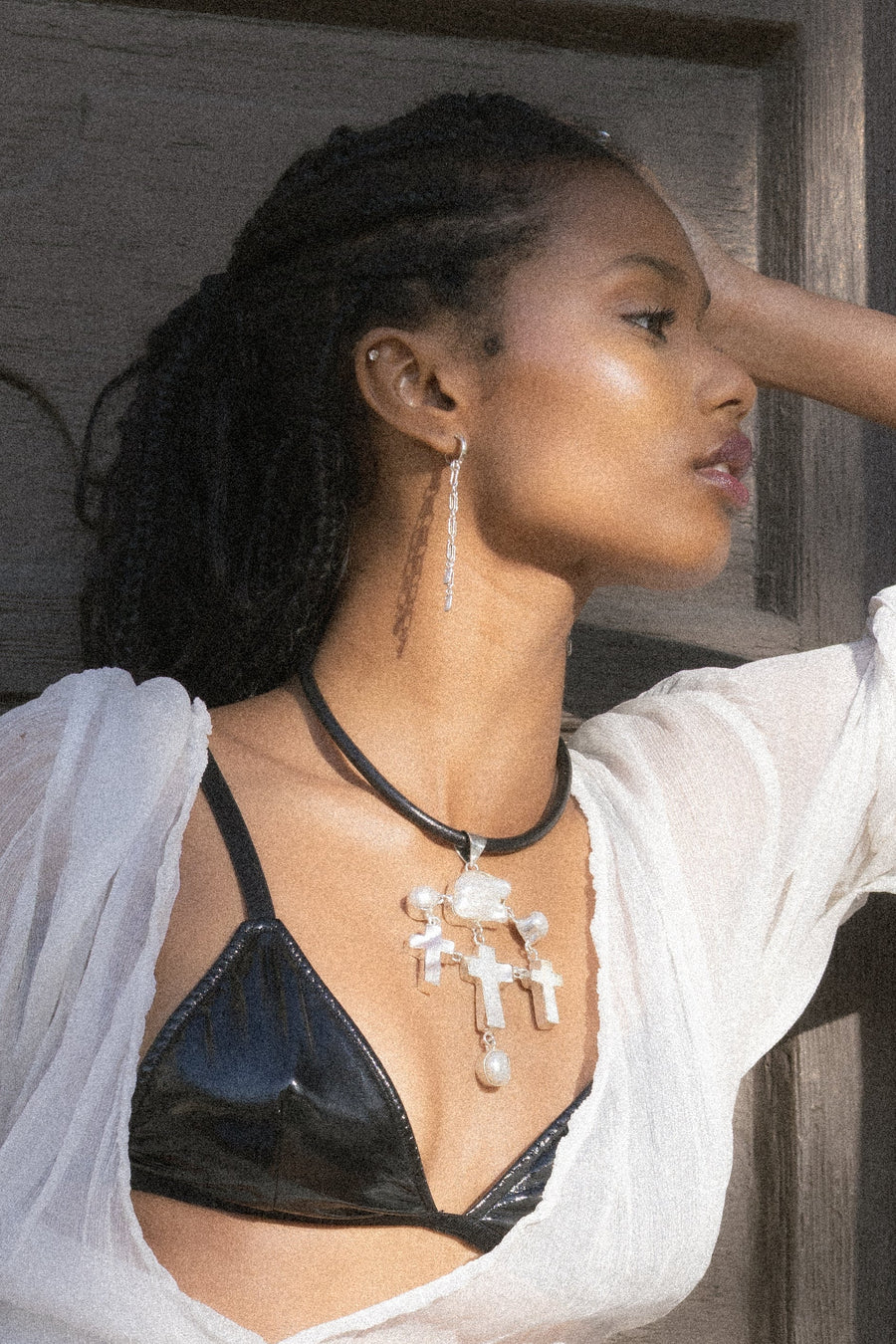 DZI Creations Jewelry Silver / 15 inches La Lune Pearl Cross Leather Collar