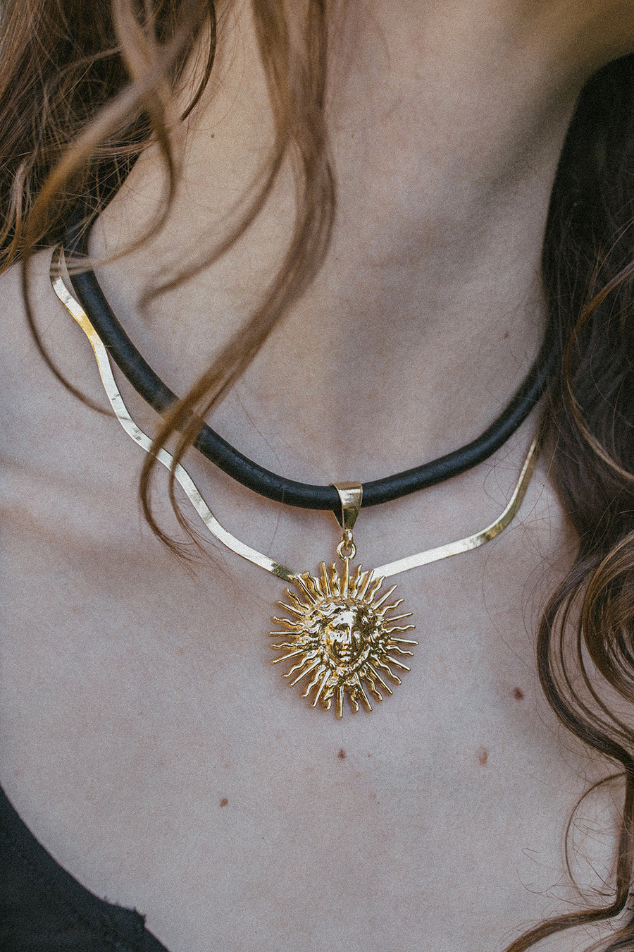 Om Imports Jewelry Gold Medusa Leather Necklace.:.Gold
