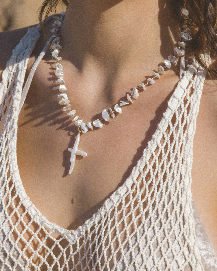 Child of Wild Jewelry Gold / 15 Inches Siren Pearl Cross Necklace
