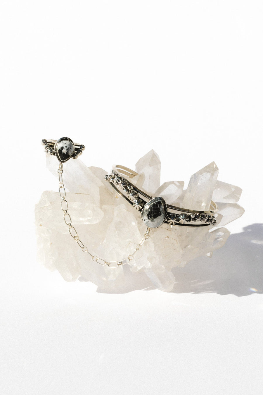 Sunwest Jewelry Silver / US 7 / White Buffalo Turquoise White Buffalo Cuff and Ring Hand Chain