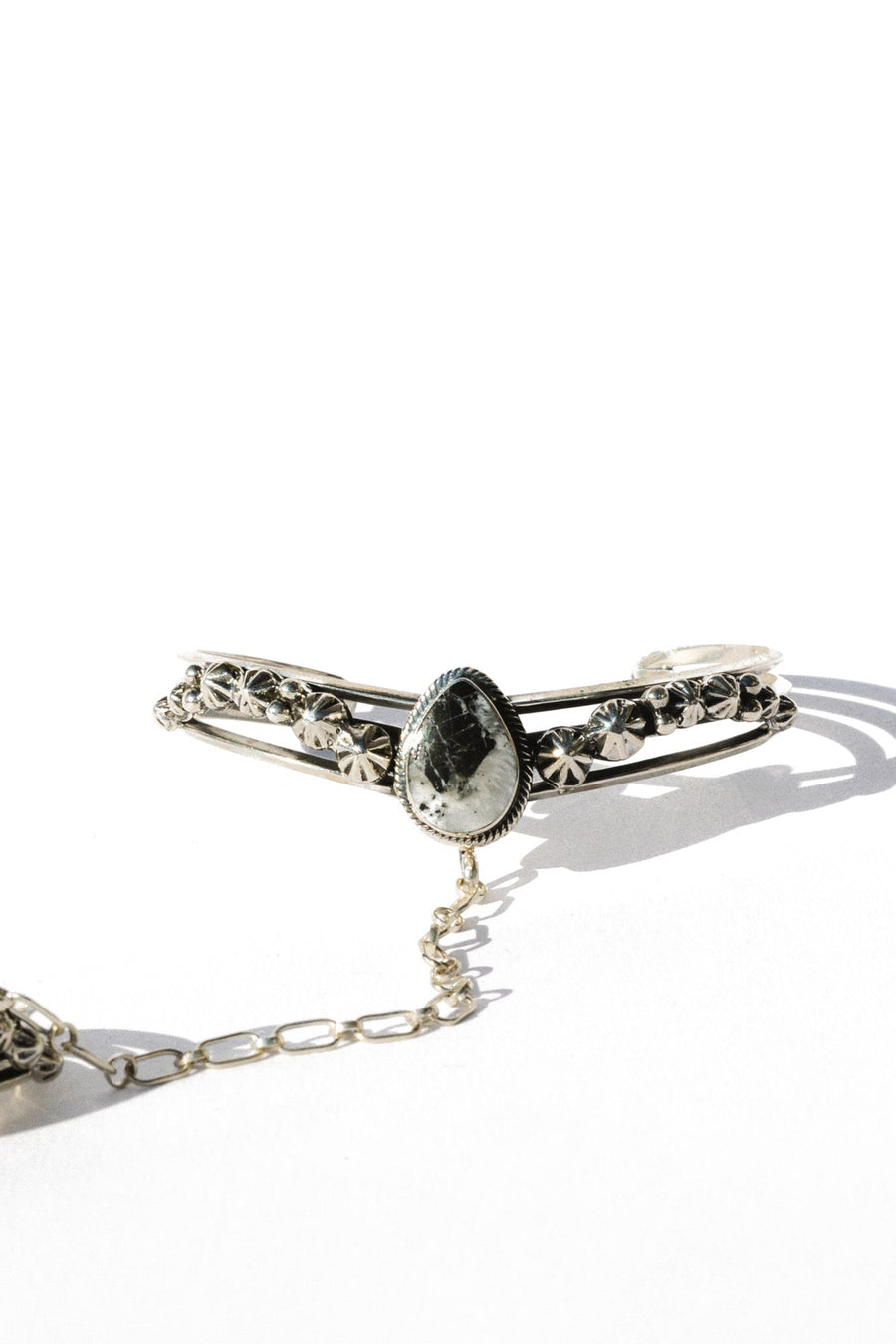 Sunwest Jewelry Silver / US 7 / White Buffalo Turquoise White Buffalo Cuff and Ring Hand Chain